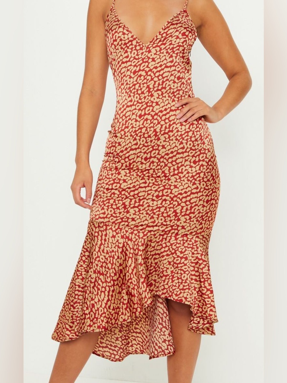 PrettyLittleThing Red and Cream Animal Print High-Low Dress